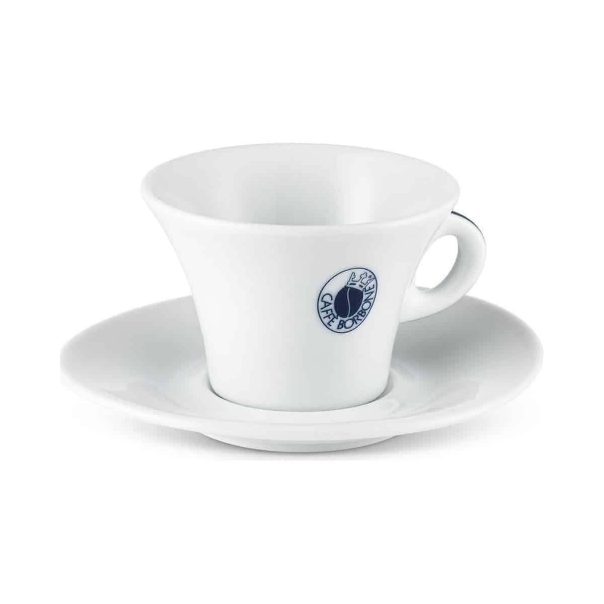 Caffè Borbone Cappuccino-Tasse aus Porzellan mit Unterteller – Ansicht schräg