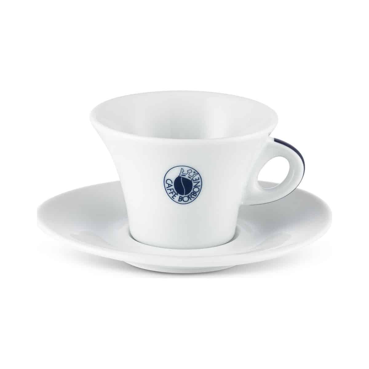 Caffè Borbone Cappuccino-Tasse aus Porzellan mit Unterteller – Ansicht mit Henkel