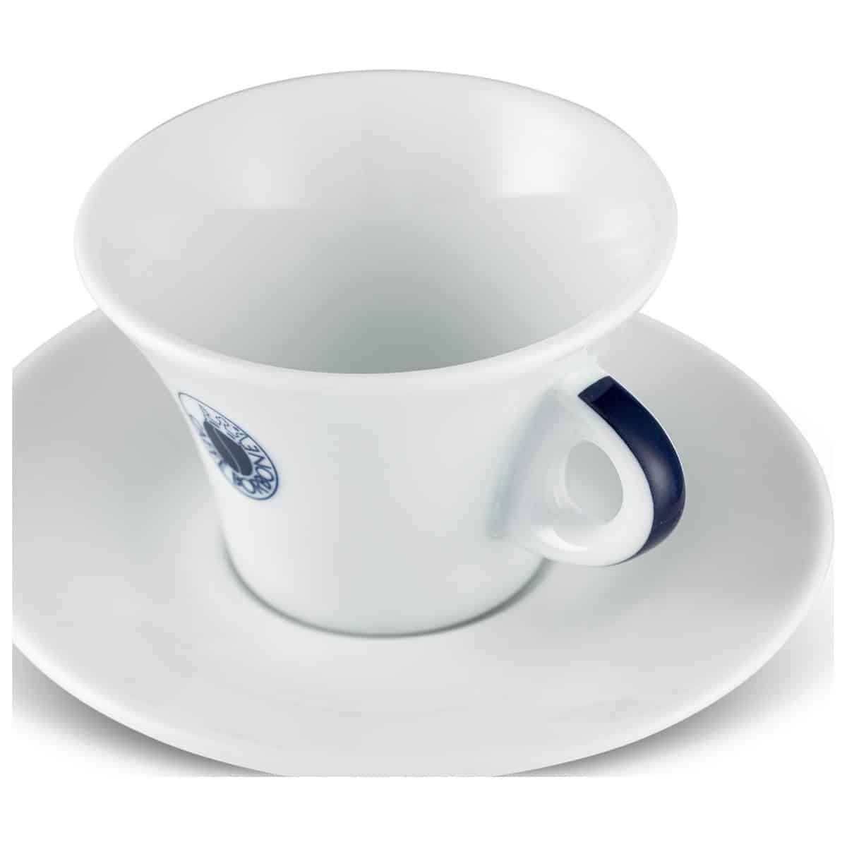Caffè Borbone Cappuccino-Tasse aus Porzellan mit Unterteller – Nahaufnahme Logo