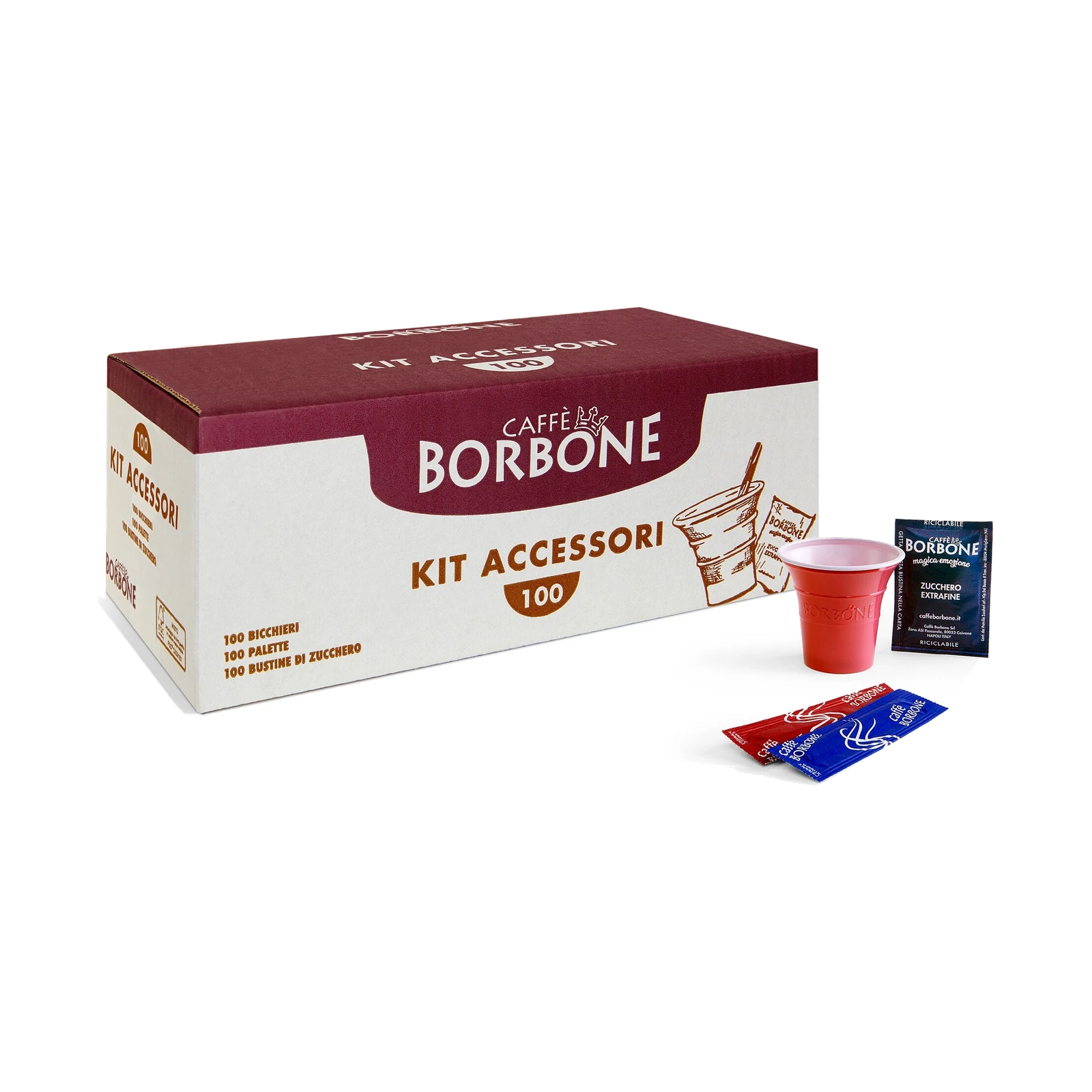 Caffè Borbone Espresso-Set – 100 Becher, Rührstäbchen & Zucker