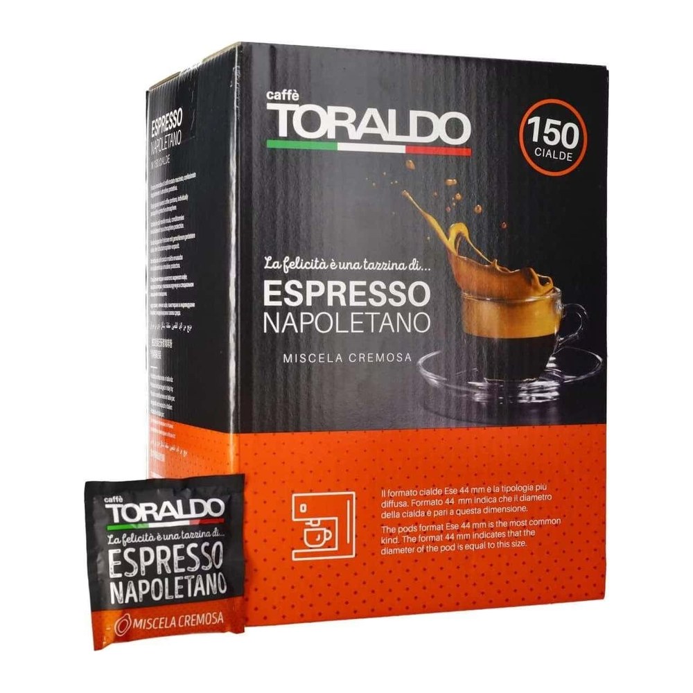 Seitenansicht Karton Caffè Toraldo Espresso Napoletano, 150 Pads im ESE Format 44 mm